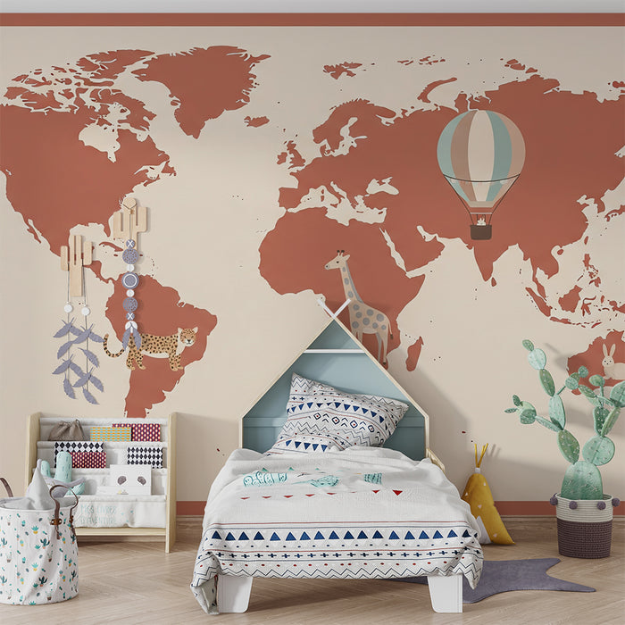 Papel de parede criança | Mapa do mundo lúdico com animais e balão de ar quente