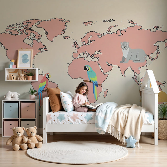 Papel de parede criança | Mapa-múndi cor-de-rosa com animais