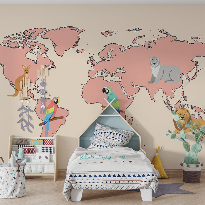 Papel de parede criança | Mapa-múndi cor-de-rosa com animais