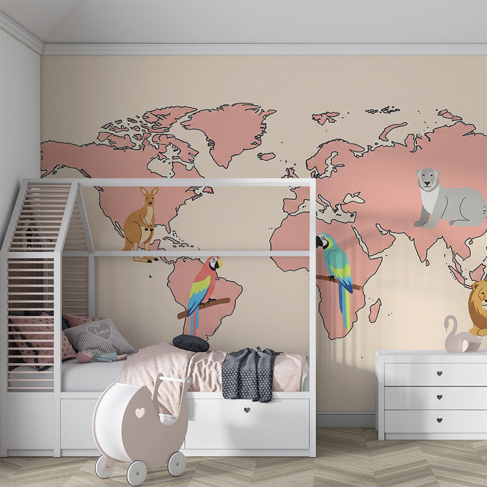 Papel de parede criança | Mapa-múndi cor-de-rosa com animais