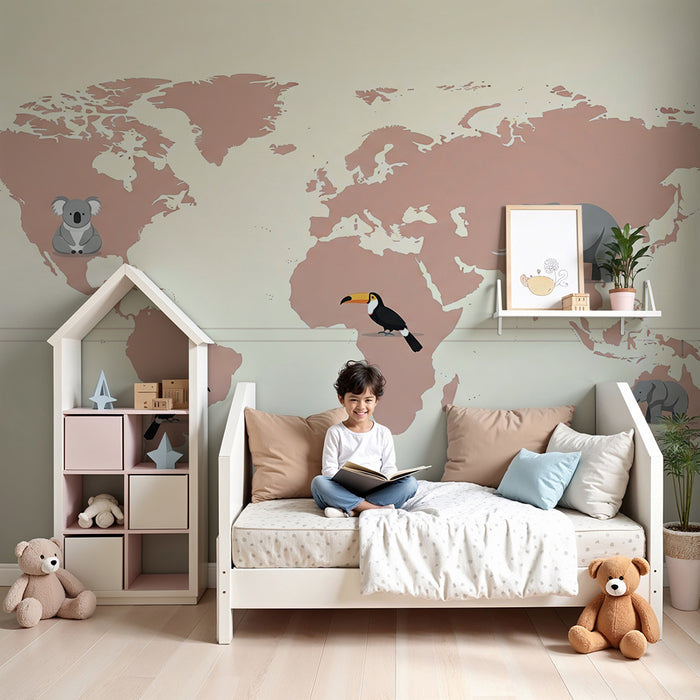 Papel de parede copii | Harta lumii roz pastel si bej cu animale