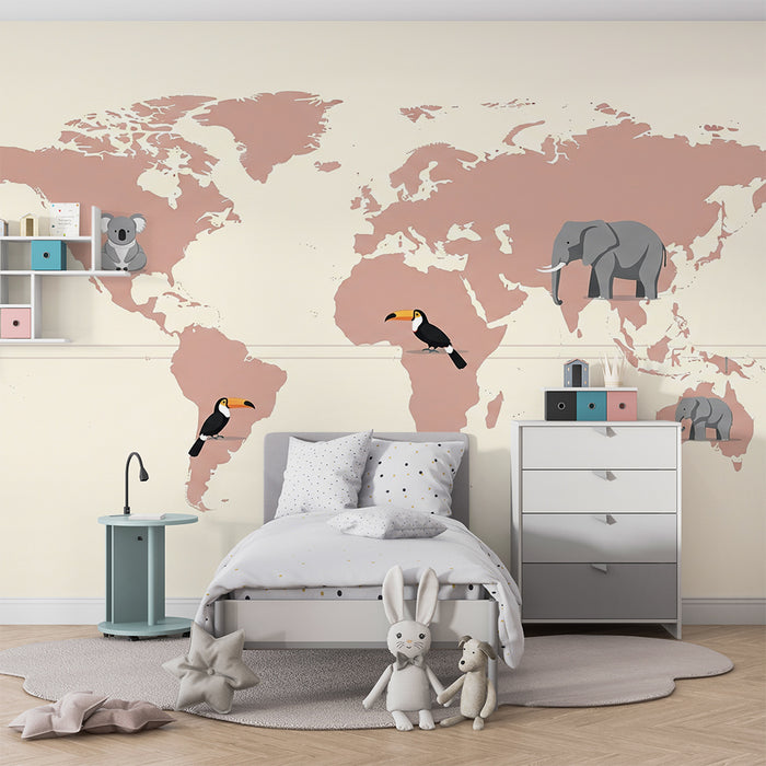 Papel de parede copii | Harta lumii roz pastel si bej cu animale