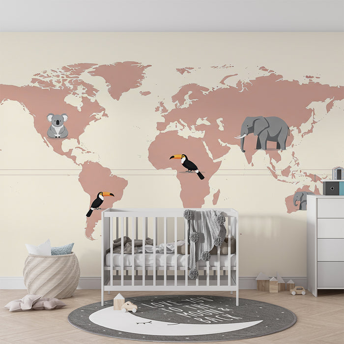 Papel de parede copii | Harta lumii roz pastel si bej cu animale