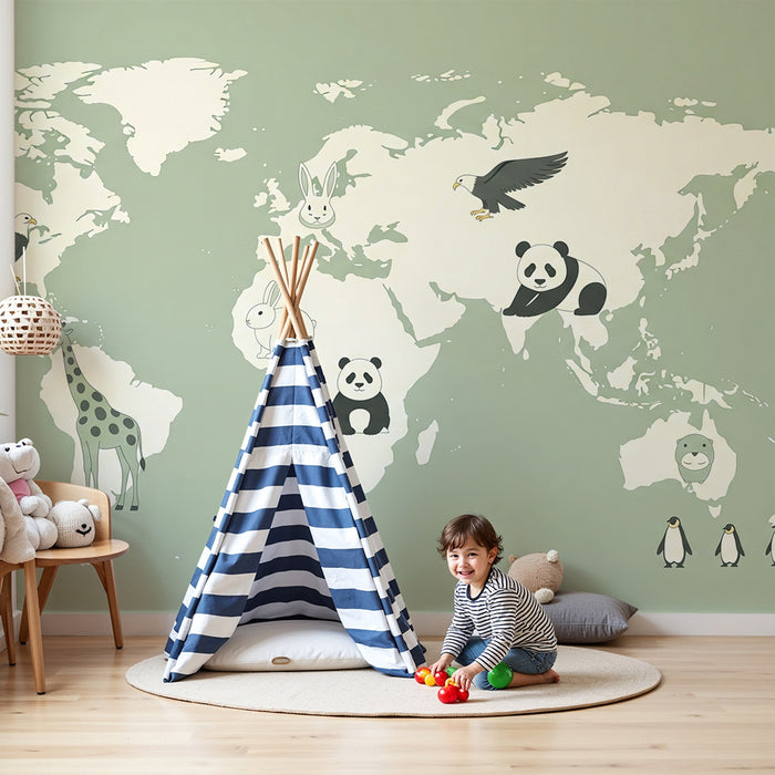 Kids room wallpaper | Mapa světa v odstínu šalvěje