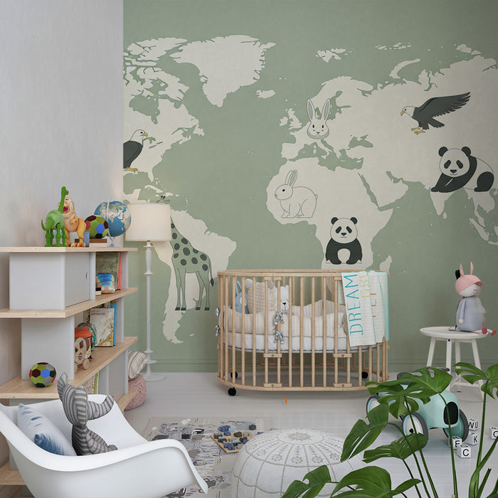 Kids room wallpaper | Mapa světa v odstínu šalvěje