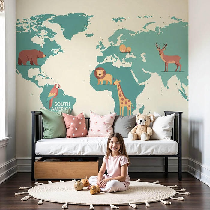 Papier peint chambre enfant | Carte du monde vert bleue avec animaux