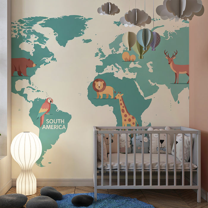 Papier peint chambre enfant | Carte du monde vert bleue avec animaux