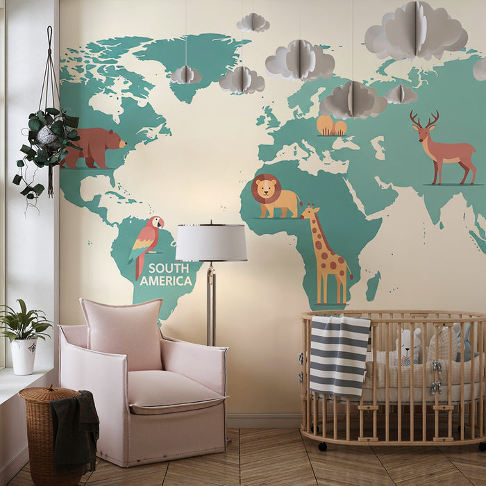 Papier peint chambre enfant | Carte du monde vert bleue avec animaux