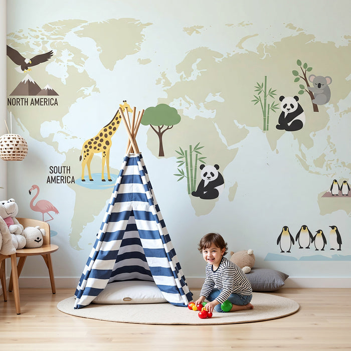 Kids room wallpaper | Sage green world map with adorable animals