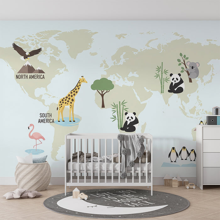 Kids room wallpaper | Sage green world map with adorable animals
