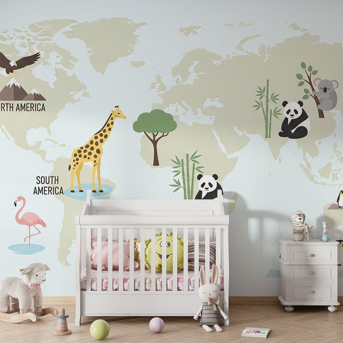 Kids room wallpaper | Sage green world map with adorable animals