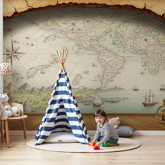 Carta da parati per cameretta dei bambini | Mappa del mondo vintage con navi e paesaggi esotici