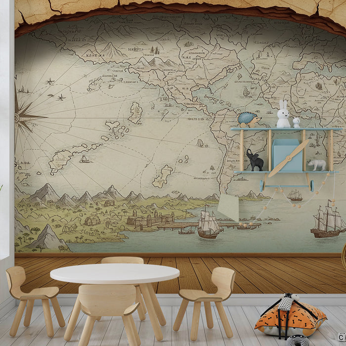 Carta da parati per cameretta dei bambini | Mappa del mondo vintage con navi e paesaggi esotici