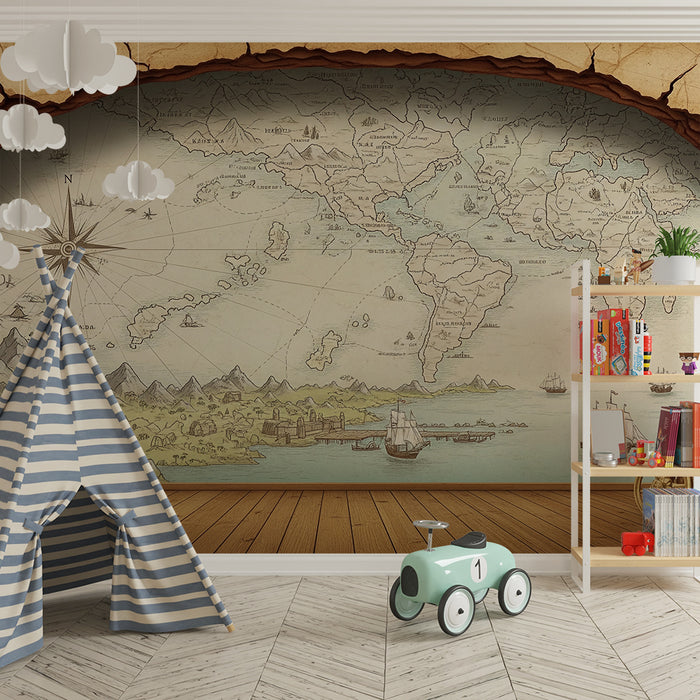 Carta da parati per cameretta dei bambini | Mappa del mondo vintage con navi e paesaggi esotici