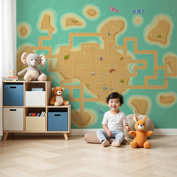 Kinderkamer behang | Speelse kaart van eilanden met kronkelende paden