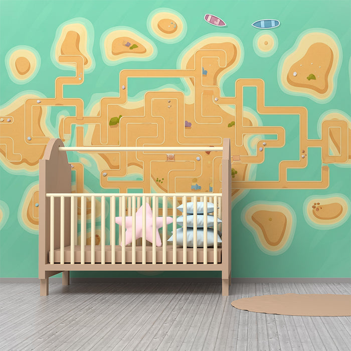 Kinderkamer behang | Speelse kaart van eilanden met kronkelende paden