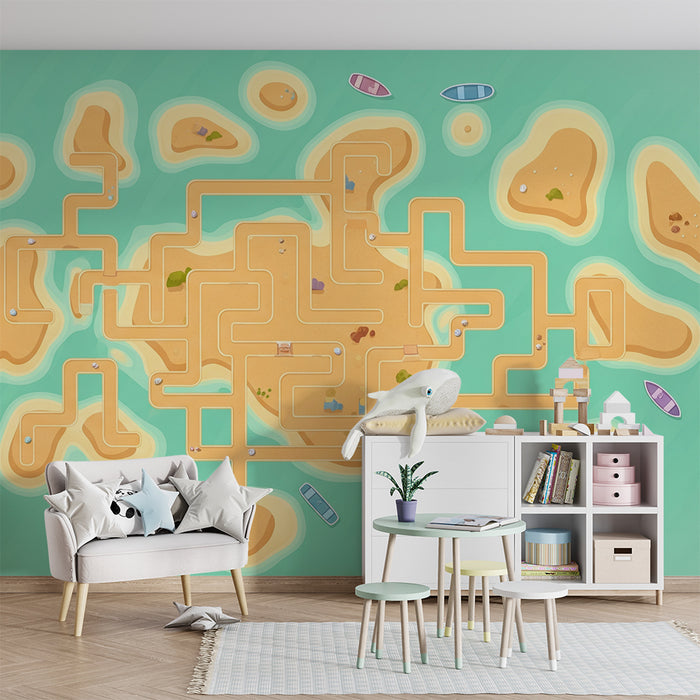 Kinderkamer behang | Speelse kaart van eilanden met kronkelende paden