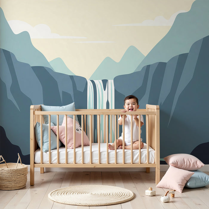 Behang kinderkamer | Rustgevende waterval omringd door zachte bergen