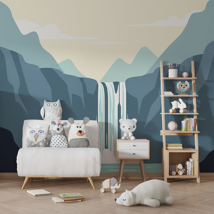 Behang kinderkamer | Rustgevende waterval omringd door zachte bergen