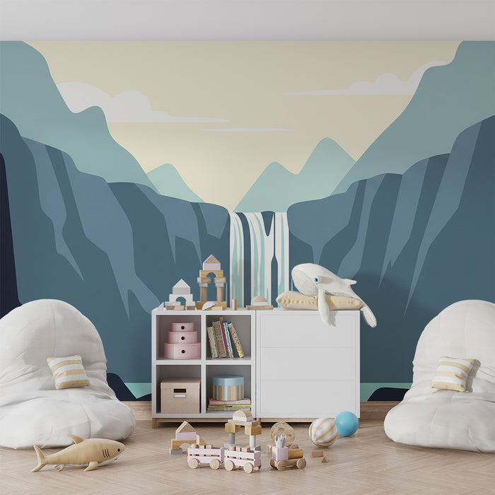 Behang kinderkamer | Rustgevende waterval omringd door zachte bergen