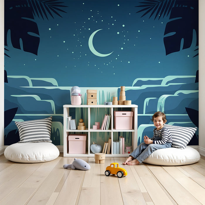 **Tapete Kinderzimmer | Nachtwasserfall unter Sternenhimmel**