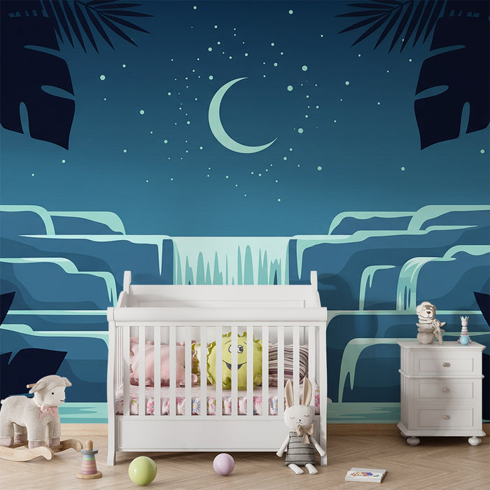 **Tapete Kinderzimmer | Nachtwasserfall unter Sternenhimmel**