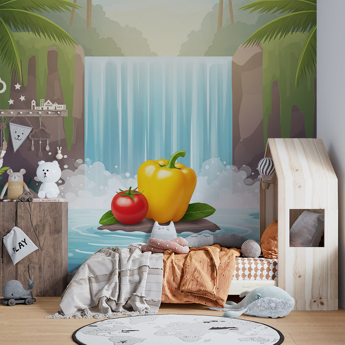 Kinderzimmer Tapete | Tropischer Wasserfall mit bunten Gemüsen