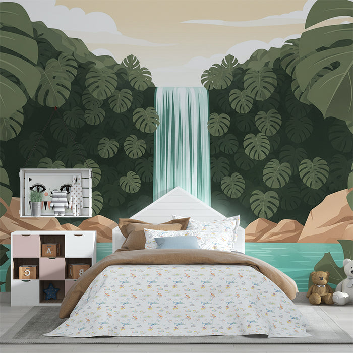 Carta da parati camera bambini | Cascata tropicale circondata da fogliame fitto
