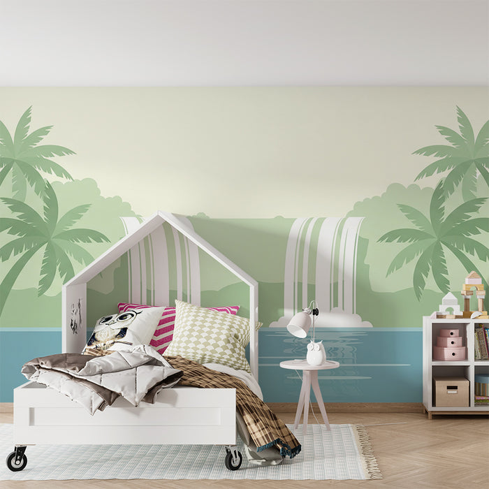 Tapet pentru camerele copiilor | Cascade liniștitoare și palmieri tropicali