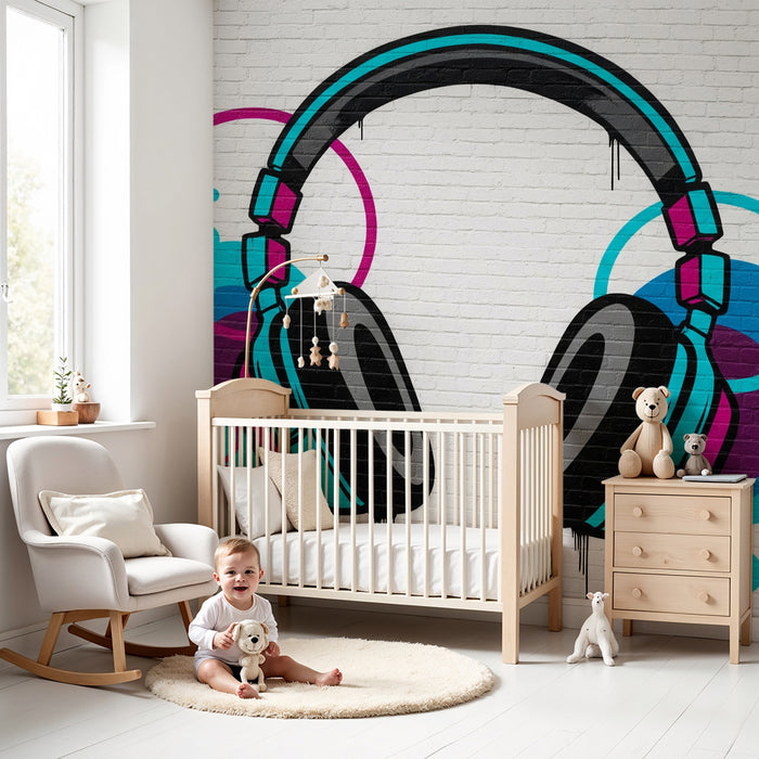 Papel pintado infantil | Auriculares coloridos con salpicaduras gráficas