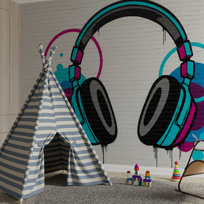 Papel pintado infantil | Auriculares coloridos con salpicaduras gráficas