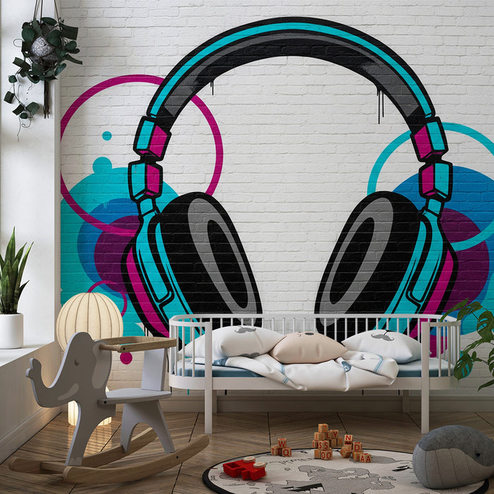 Papel pintado infantil | Auriculares coloridos con salpicaduras gráficas