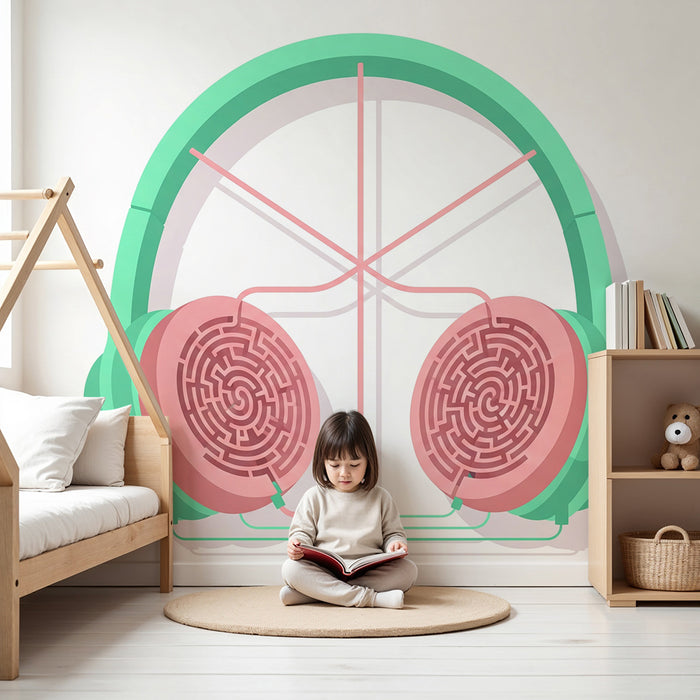 Kids room wallpaper | Värvikas kõrvaklapp mustriliste labürindimotiividega
