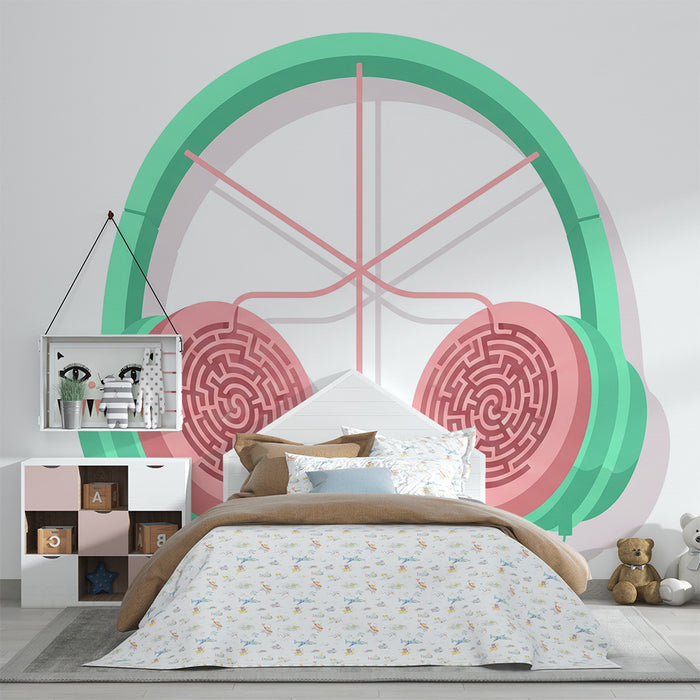 Kids room wallpaper | Värvikas kõrvaklapp mustriliste labürindimotiividega