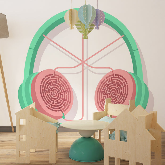Kids room wallpaper | Värvikas kõrvaklapp mustriliste labürindimotiividega