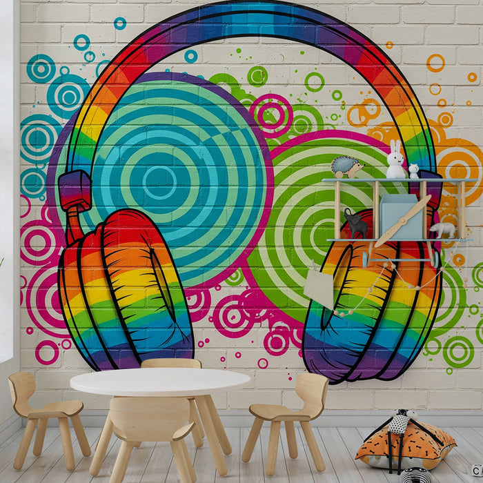 Papel pintado infantil | Auriculares coloridos con patrones vibrantes