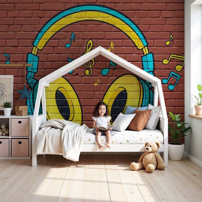 Kinderzimmer Tapete | Bunt bedruckter Kopfhörer mit Musiknoten
