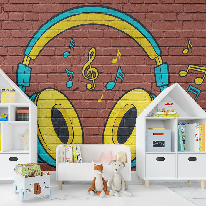 Kinderzimmer Tapete | Bunt bedruckter Kopfhörer mit Musiknoten