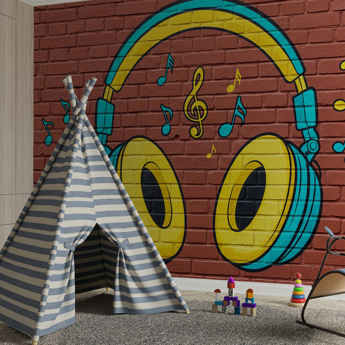 Kinderzimmer Tapete | Bunt bedruckter Kopfhörer mit Musiknoten