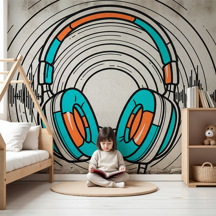 Papel pintado infantil | Auriculares coloridos con ondas de sonido