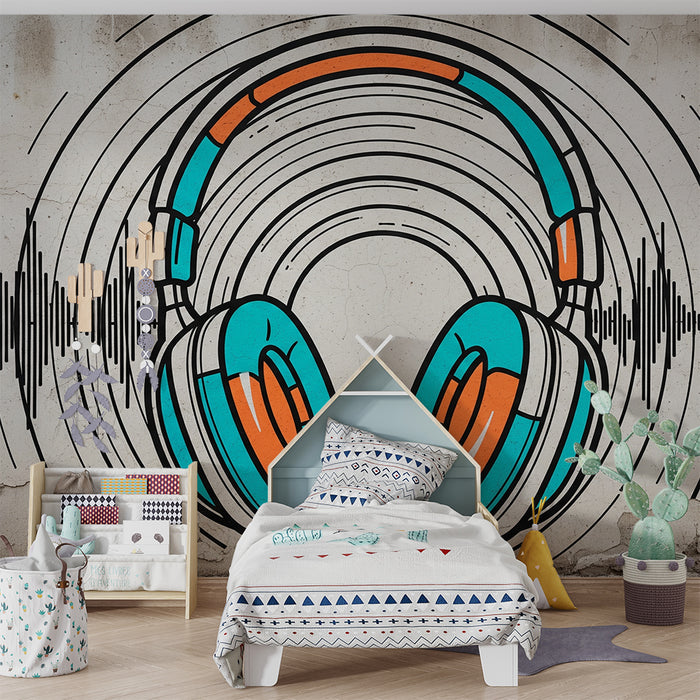 Papel pintado infantil | Auriculares coloridos con ondas de sonido