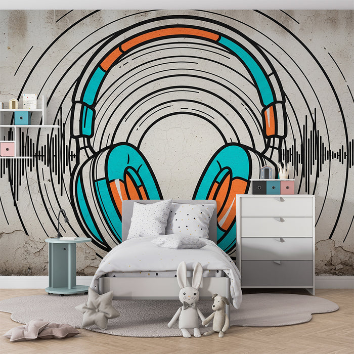 Papel pintado infantil | Auriculares coloridos con ondas de sonido