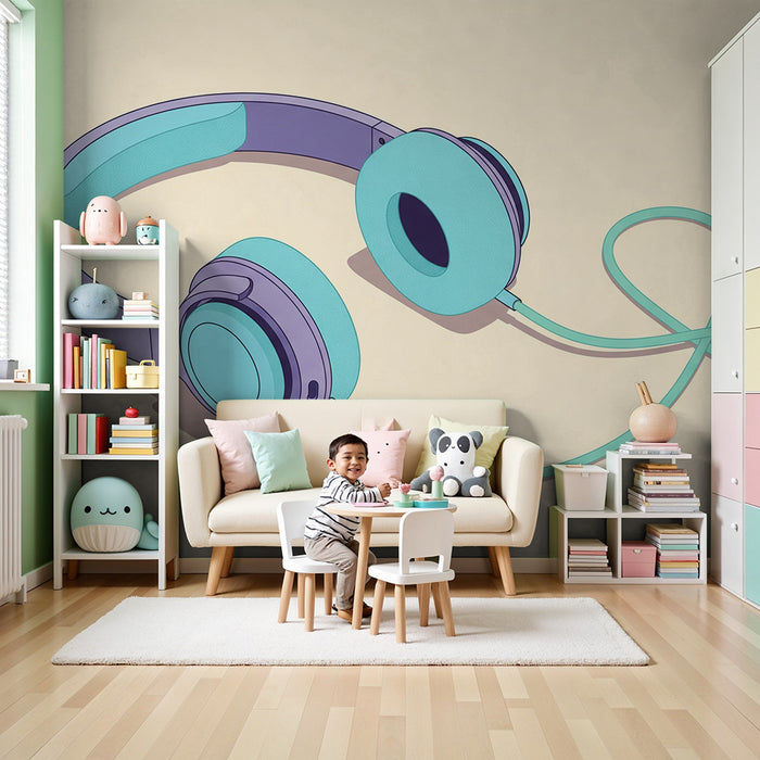 Tapet pentru cameră de copii | Căști audio colorate și moderne pentru micii melomani