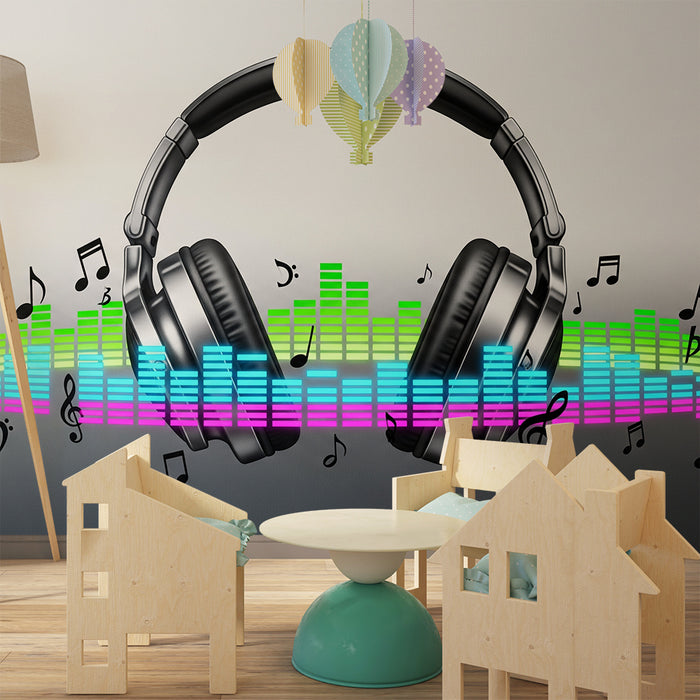 Lastenhuoneen tapetti | Kuulokkeet ja värikkäät musiikkinuotit