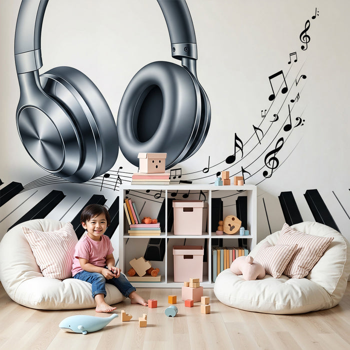 Papel pintado infantil | Auriculares y piano con notas musicales