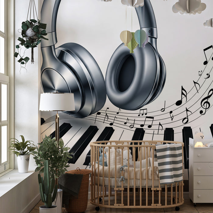 Papel pintado infantil | Auriculares y piano con notas musicales
