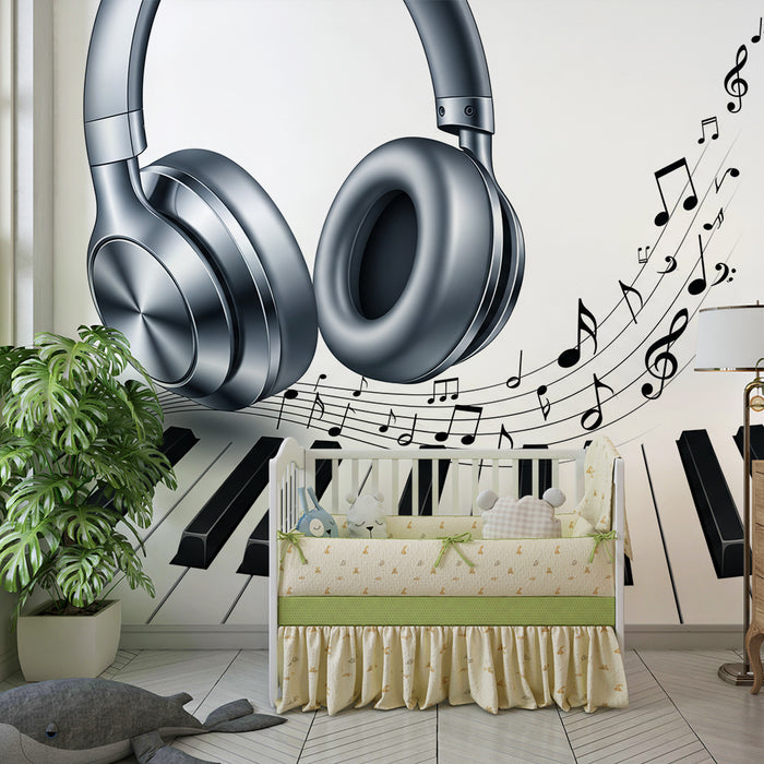 Papel pintado infantil | Auriculares y piano con notas musicales