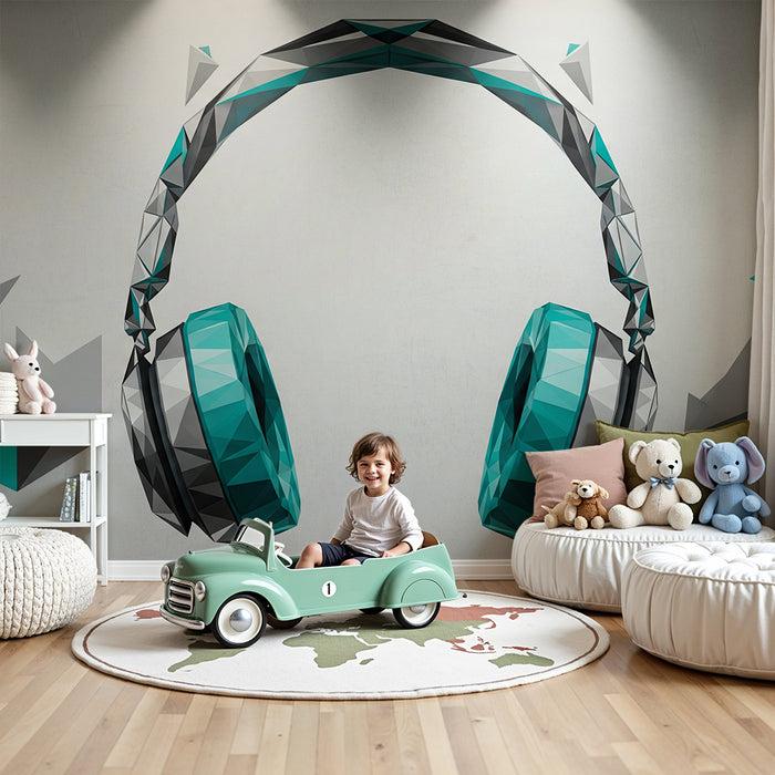 Papel pintado infantil | Auriculares geométricos en turquesa y gris
