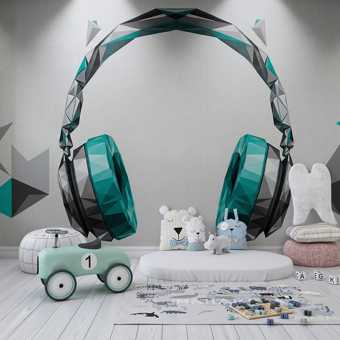 Papel pintado infantil | Auriculares geométricos en turquesa y gris