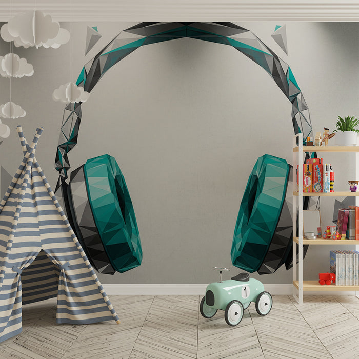 Papel pintado infantil | Auriculares geométricos en turquesa y gris